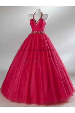 Halter A-Line Gorgeous Tulle Hand-beading Elegant Red or Fuchsia Quinceanera Dresses np-0083