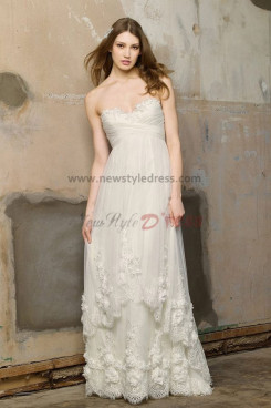 Informal Ivory High-low lace Empire Brush Train Beach wedding gowns nw-0273