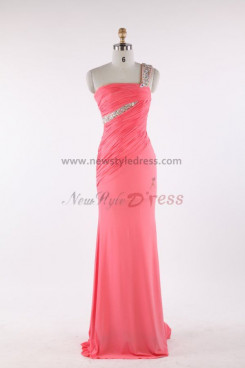 One Shoulder Crystal Brush Train Pink Gorgeous Discount Chest With Pleats Prom Dresses np-0061