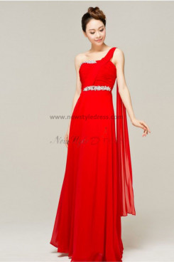 One Shoulder red Chiffon Chest With Crystal Floor-Length Gorgeous Prom Dresses