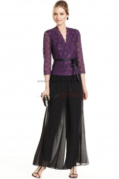 Popular three quarter sleeve mother of the bride dresses pant suits with purple lace jacket nmo-018