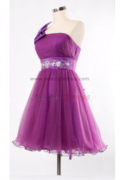 Purple popular Sashes With beading Glamorous One Shoulder With a bow Tiered Homecoming Dresses nm-0093