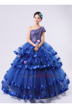 Royal Blue Ball Gown One Shoulder Tiered Glass Drill Cheap Quinceanera Dresses nq-005