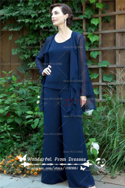 Dark Navy Three Piece Chiffon mother of the bride pants suits With jacket nmo-040