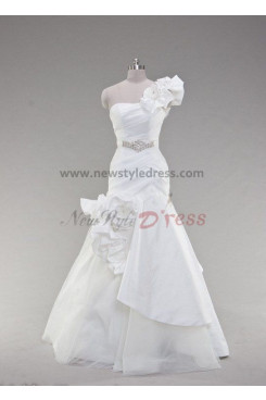 One Shoulder Glamorous Floor-Length Pleat Asymmetry Handmade flower Wedding dresses nw-0020