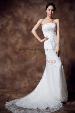 Sheath Strapless lace Appliques Sweep Train Elegant wedding dress nw-0164