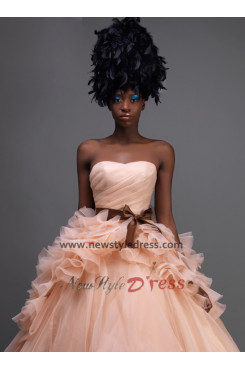 Strapless Ruched ball gowns flesh pink Quinceanera Dresses with Brown Sashes nq-010