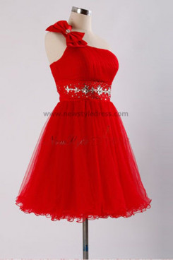 Red One Shoulder beading Glamorous  With a bow Tiered Homecoming Dresses nm-0092