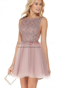Pearl Pink Homecoming Dress with Embroidered Bodice,Bean Paste Short Dress sd-017