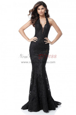 Black Halter Deep V-Neck Mermaid Prom Gown, Lace Sheath Wedding Party Dresses pds-0031-1