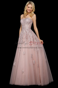 Blush Strapless Prom Dresses, Chest Appliques Floor Length Wedding Party Dresses pds-0021