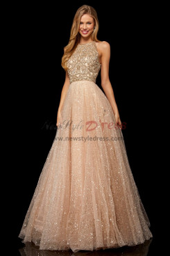 Champagne Halter Nude Sequin Fabrics Prom Dresses, Hand Beading A-Line Evening Dresses pds-0042-2