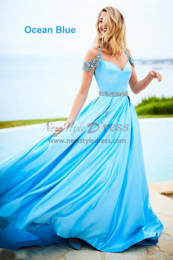 Charming Off the Shoulder Ocean Blue A-Line Prom Dresses, Gorgeous Hand Beading Sweetheart Wedding Party Dresses pds-0087-7