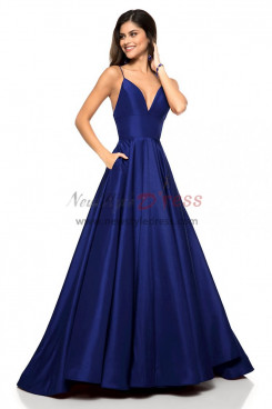 Dark Blue Spaghetti Deep V-Neck Prom Dresses, A-Line Wedding Party Dresses pds-0029-2