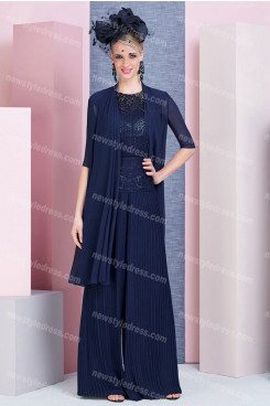 Dark Navy Elegant Mother of the bride outfits Accordion pleats pants suits nmo-690