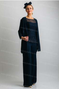 Dark navy Elegant Mother of the bride Trousers outfit 3PC Women's pants suit nmo-684