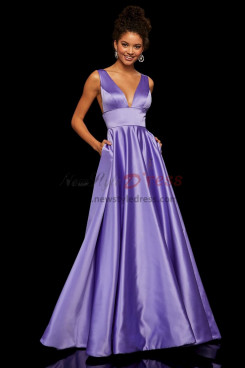 Deep V-Neck A-Line Empire with Pockets Prom Dresses, Lavender Satin Wedding Party Dresses pds-0001-3