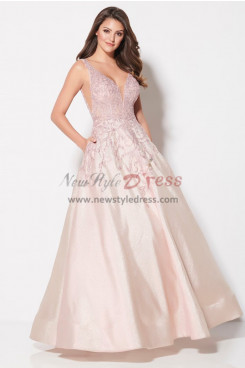 Deep V-Neck A-Line Prom Downs, Pink Classic Floor Length Wedding Party Dresses pds-0013