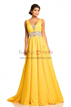 Dressy Empire Chiffon A-Line Prom Dresses,Gold Wedding Party Dresses with Hand Beading Belt pds-0050-2