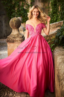 Fuchsia Off the Shoulder Sweetheart Prom Dresses, Hand Beading Wedding Party Dresses pds-0054-3