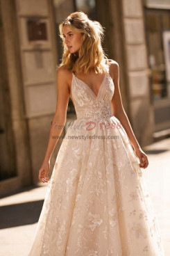 Gorgeous deep v-neck wedding dresses, spagetti strap A-line lace bride dresses bds-0017