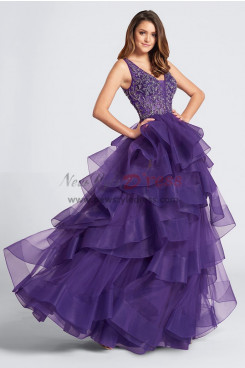 Grape Elegant Hand Beading Layered Prom Dresses, Deep V-Neck Wedding Party Dresses pds-0022-1