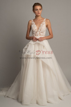 Ivory Deep V-Neck Prom Gown, A-Line Wedding Party Dresses with Brush Train pds-0030
