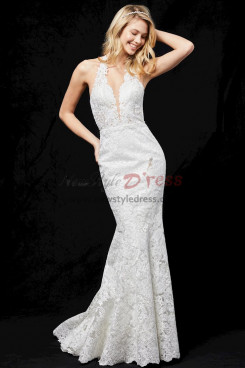 Ivory Halter Deep V-Neck Mermaid Prom Gown, Lace Sheath Wedding Party Dresses pds-0031-2