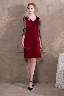 Knee-Length Burgundy Velvet Prom dresses Lace Sleeve NP-0392