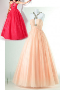 Champagne or red ball gown Halter Tulle Floor-Length prom dresses np-0163