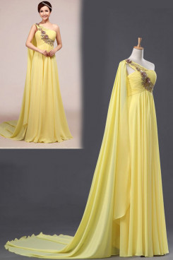 Crystal Chiffon Sashes Court Train One Shoulder Elegant Glamorous Yellow Chest with beading Prom dresses np-0030