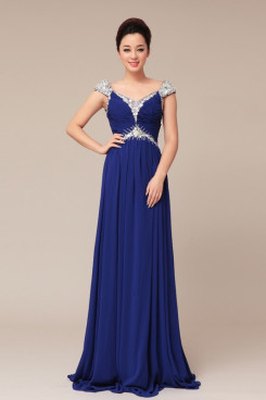 Royal Blue Chiffon Empire Off the Shoulder Crystal Evening Dresses np-0235