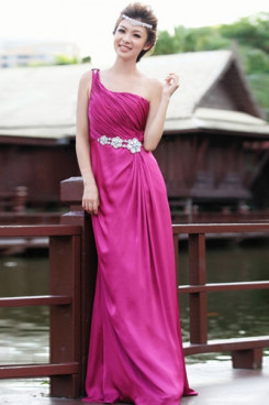 One Shoulder Satin Fuchsia Prom Dresses Chest With Pleats np-0223