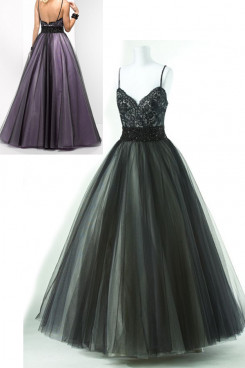 Spaghetti Chest V-neck Appliques a-line Tulle Floor-Length black or purple np-0154