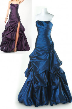 Purple or Blue Satin Strapless Slit Floor-Length a-line Ruffles Evening Dresses np-0149