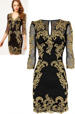 V-neck 3/4-length Sleeves Elegant Black 2014 Hot Sale Overall Appliques Evening Dresses np-0062
