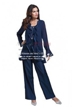 Mother of the bride pant suit Dark navy chiffon three piece outfit with ruffles nmo-207