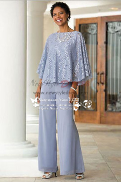 Mother of the bride pant suits Blue chiffon outfit with lace for Summer wedding nmo-263