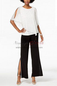 Mother of the bride pantsuits dresses Chiffon Withe Top and Black pants Set Pearl Trim nmo-381