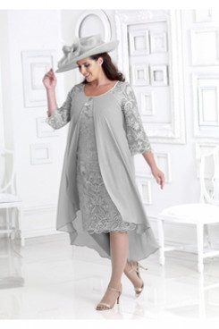Gray Plus size Mother of the bride lace dress with cover NMO-664