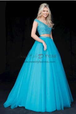 Ocean Blue Cap Sleeves Hand Beading Prom Dresses, Gorgeous Chest Appliques A-Line Wedding Party Dresses pds-0081