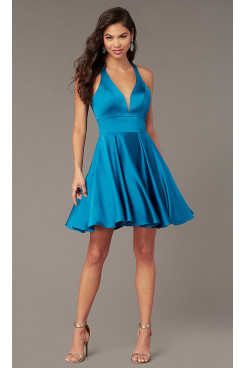 Ocean Blue Under $100 V-neck Homecoming Party Dress,Above Knee Dreses with Pockets sd-029-1