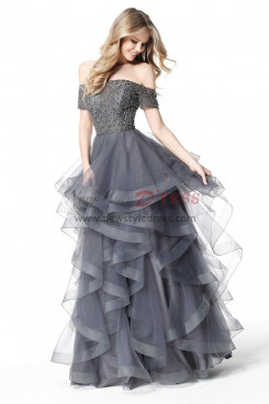 Off the Shoulder Charcoal Chest Appliques Prom Dresses, Multilayer Ruffles Wedding Party Dresse pds-0078