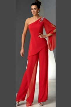 One Shoulder Mother of the bride pant suits dresses Red chiffon pants outfit nmo-504