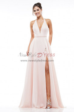 Pink Chiffon Halter Deep V-Neck Prom Dresses, Under $100 Bridesmaids Dresses pds-0025-2