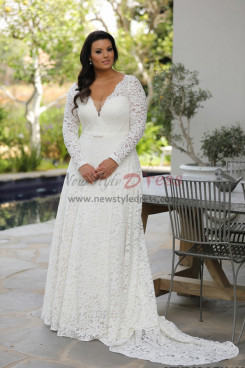 Plus Size Elegant Deep V-Neck Lace Wedding Dresses, Charming Long Sleeves Bride Dresses bds-0050