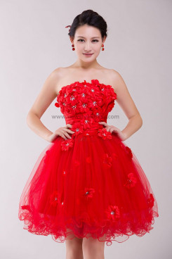 Red Strapless Handmade flower Knee-Length Ruched Homecoming Dresses nm-0200