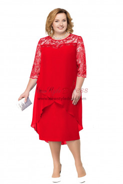 Red Chiffon Mother of the bride Dresses Plus Size Lace Tea-Length Women's Dresses nmo-765-1