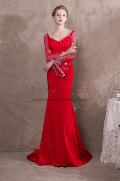 Red Exquisite Beaded Prom dresses With Trumpet sleeve NP-0394