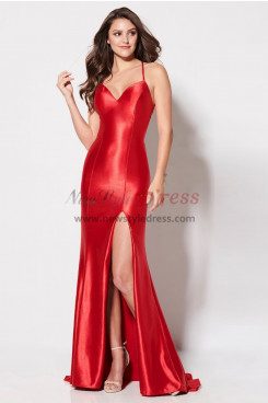 Red Spaghetti Split fork Prom Dresses, Tight Satin Under $100 Bridesmaids Dresses pds-0016-3
